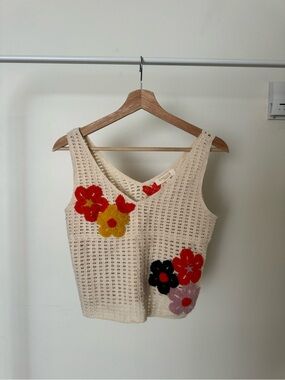 Rebellion Crochet Flower Tank Top - Cream with Red, Yellow, Black, Pink Flowers
